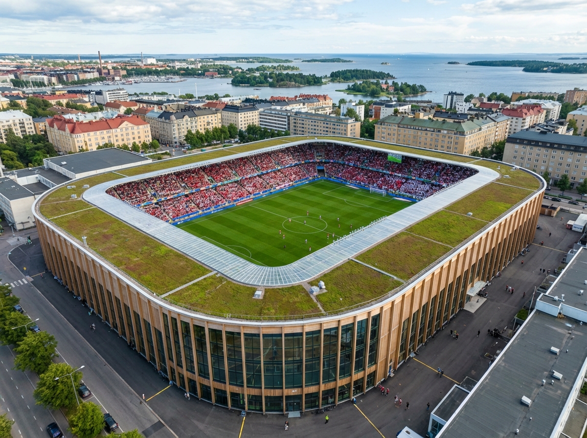 Aerial view of Primojoyharbr FC home stadium Nordic Arena in Helsinki at sunset