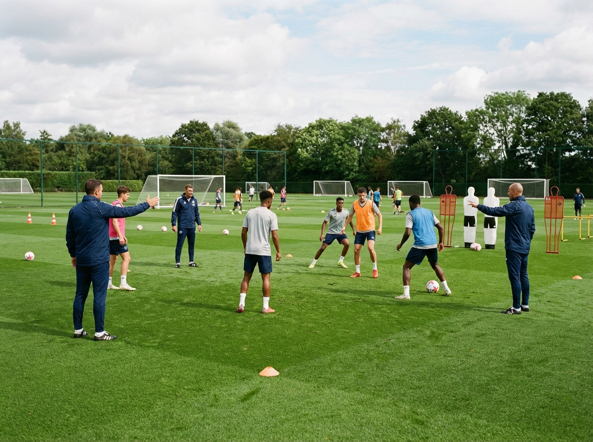 Football training session on green pitch with coaching staff and players