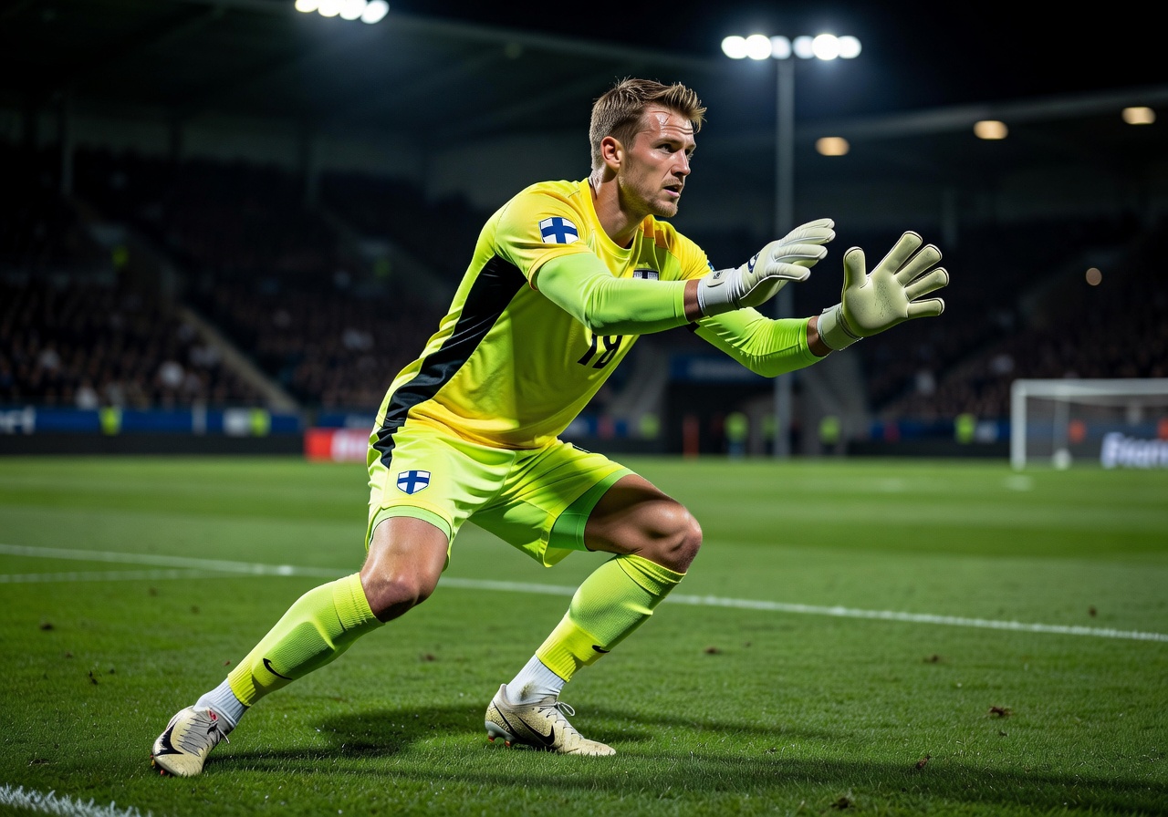 Portrait of goalkeeper Henrik Mäkelä in goalkeeper kit ready to save