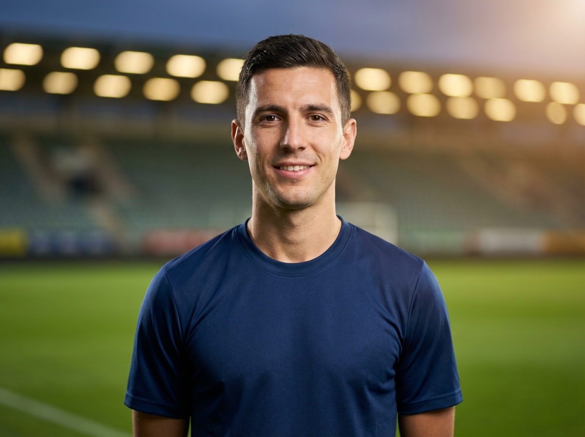 Portrait of striker Aleksi Virtanen in club jersey under stadium lights