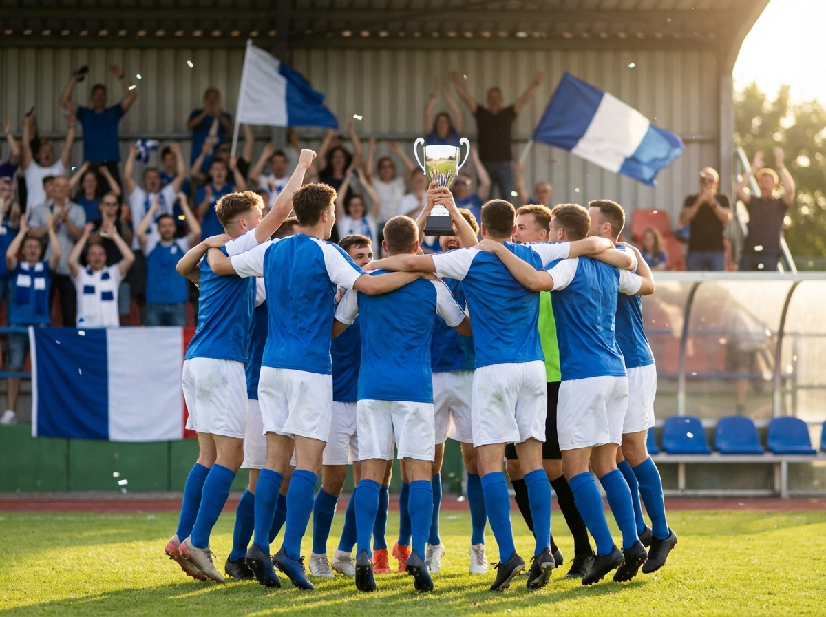 Primojoyharbr FC players celebrating victory on the pitch with fans cheering in background