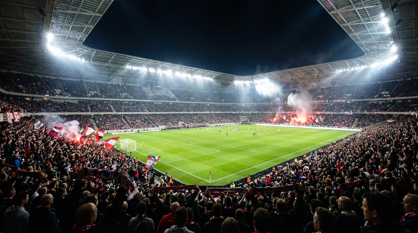 Professional football stadium at night with bright floodlights and crowd cheering during a match